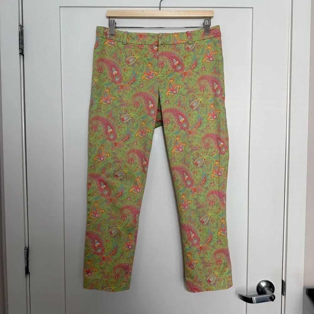 Ralph Lauren Pants Womens Sz 10 Petite Green Paisley Straight Stretch Vacation